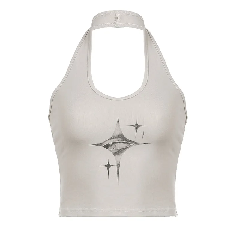 Top Women Y2k Devil's Eyes Retro Print Hanging Neck Suspender Vest Women's Summer Korean Fashion Slim And Slimming Short Top