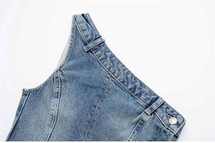 Sexy Jean Women Top Off Shoulder Sleeveless Bustier Tops 2024Summer Lady Elegant Street Wear TankBlue Backless Denim Corset Crop