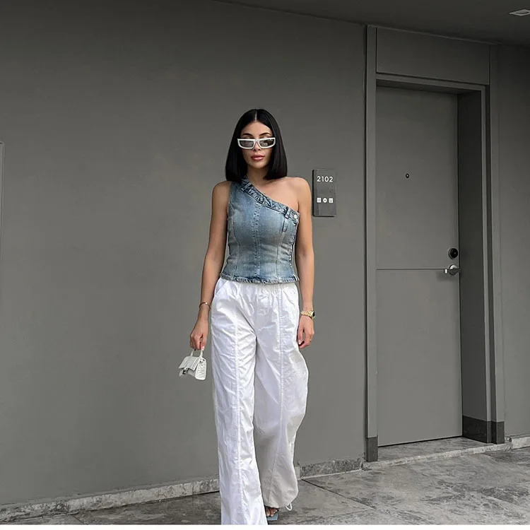 Sexy Jean Women Top Off Shoulder Sleeveless Bustier Tops 2024Summer Lady Elegant Street Wear TankBlue Backless Denim Corset Crop