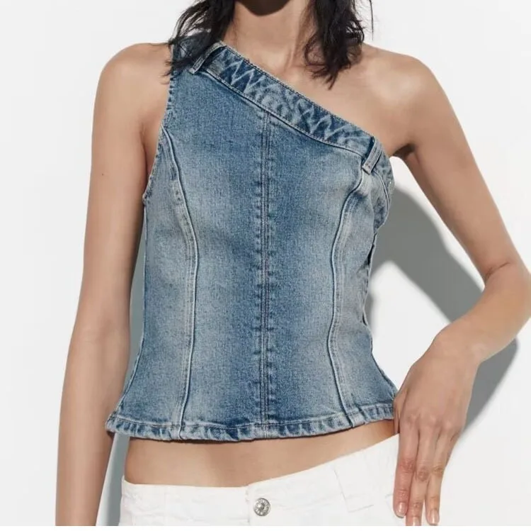 Sexy Jean Women Top Off Shoulder Sleeveless Bustier Tops 2024Summer Lady Elegant Street Wear TankBlue Backless Denim Corset Crop