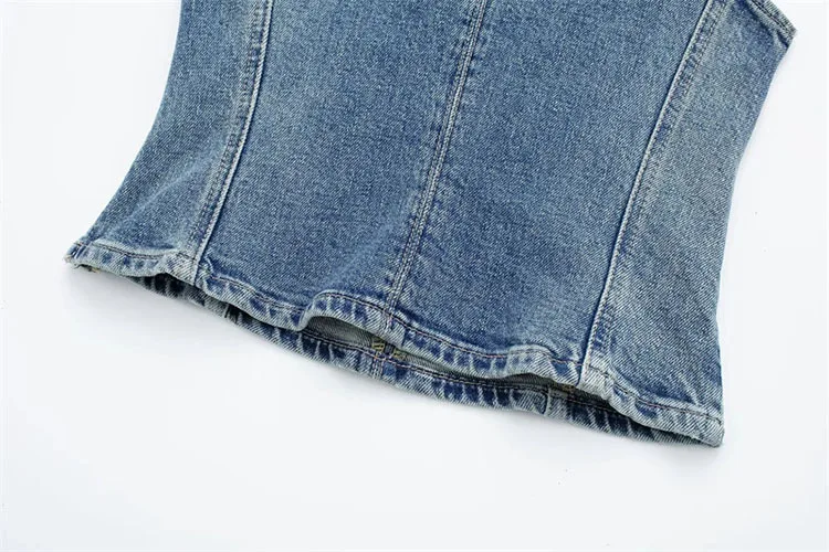 Sexy Jean Women Top Off Shoulder Sleeveless Bustier Tops 2024Summer Lady Elegant Street Wear TankBlue Backless Denim Corset Crop