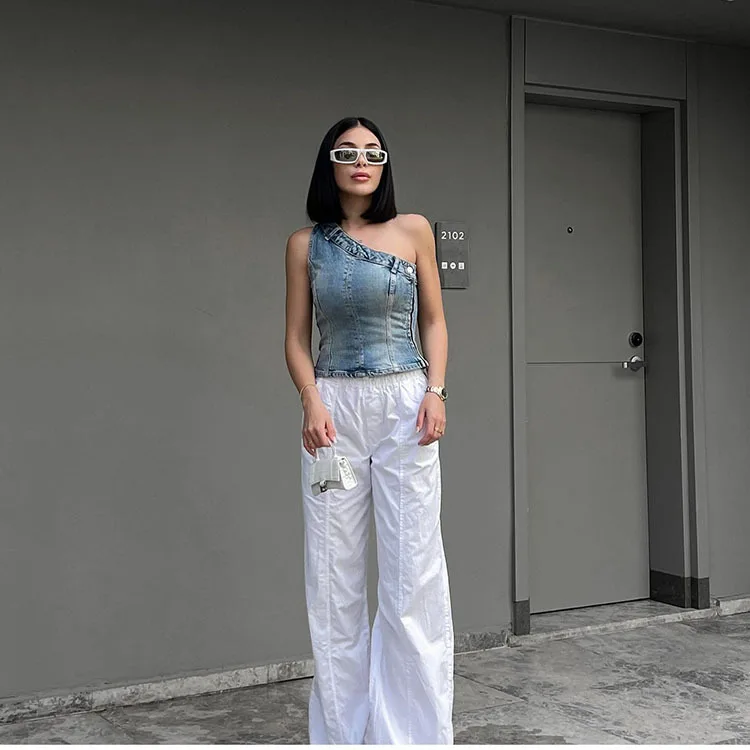 Sexy Jean Women Top Off Shoulder Sleeveless Bustier Tops 2024Summer Lady Elegant Street Wear TankBlue Backless Denim Corset Crop
