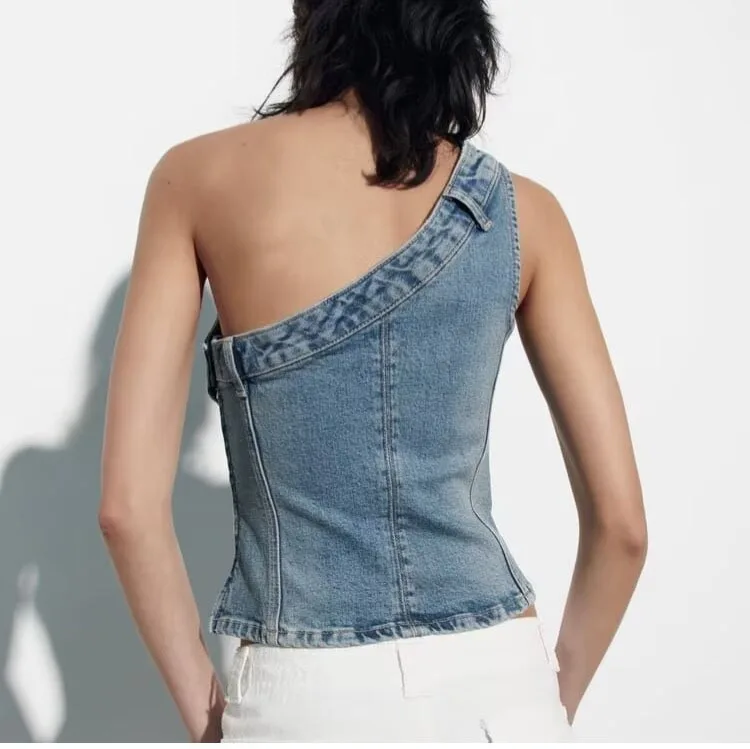 Sexy Jean Women Top Off Shoulder Sleeveless Bustier Tops 2024Summer Lady Elegant Street Wear TankBlue Backless Denim Corset Crop