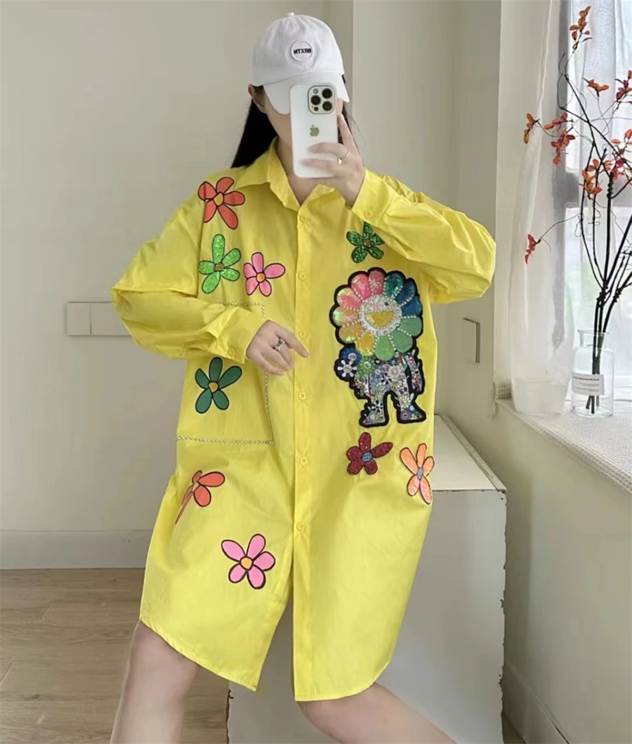 New Heavy Industry Sequin Long Sleeved Loose Shirt Printed Mid Length Personalized Trendy Coat Women's Spring And Autumn