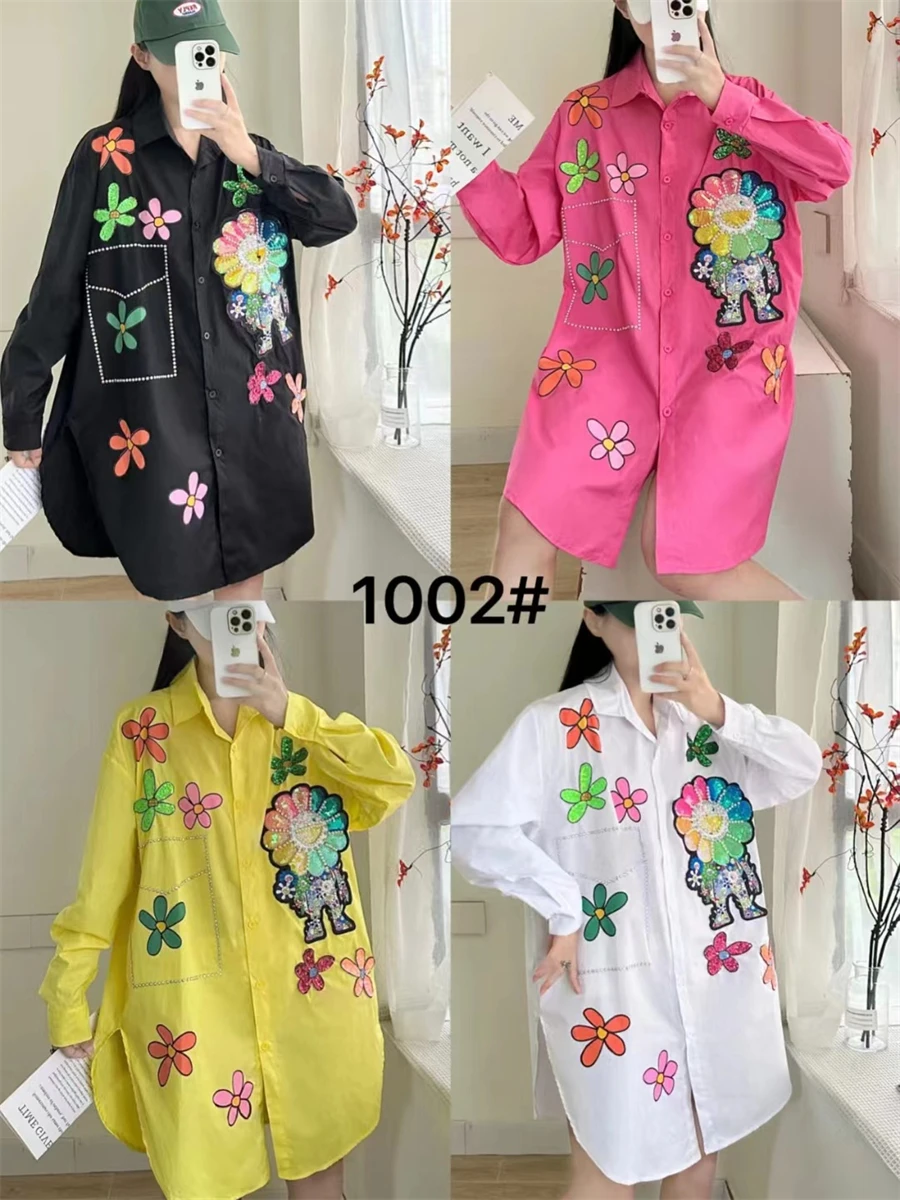 New Heavy Industry Sequin Long Sleeved Loose Shirt Printed Mid Length Personalized Trendy Coat Women's Spring And Autumn