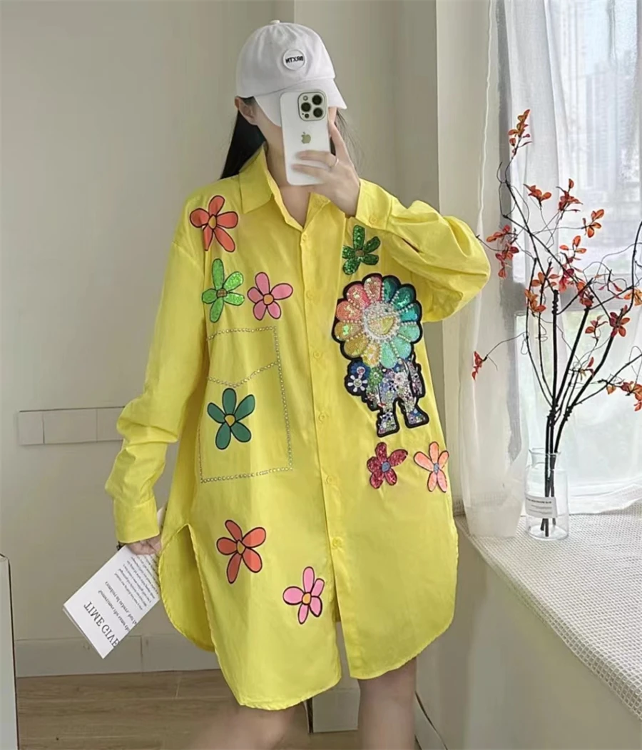 New Heavy Industry Sequin Long Sleeved Loose Shirt Printed Mid Length Personalized Trendy Coat Women's Spring And Autumn