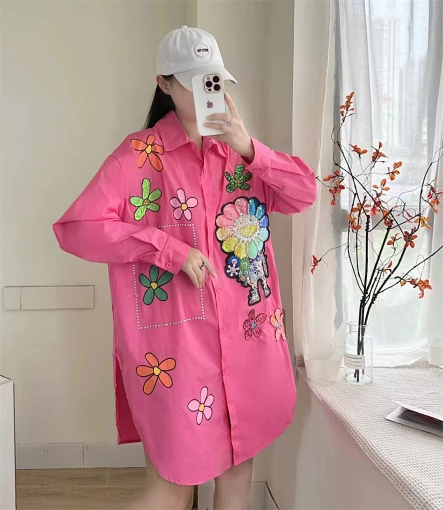 New Heavy Industry Sequin Long Sleeved Loose Shirt Printed Mid Length Personalized Trendy Coat Women's Spring And Autumn