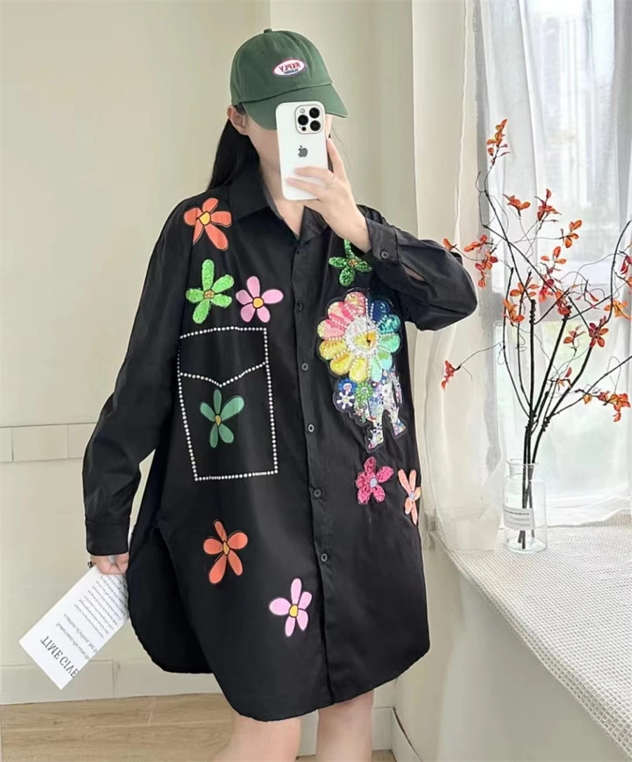 New Heavy Industry Sequin Long Sleeved Loose Shirt Printed Mid Length Personalized Trendy Coat Women's Spring And Autumn