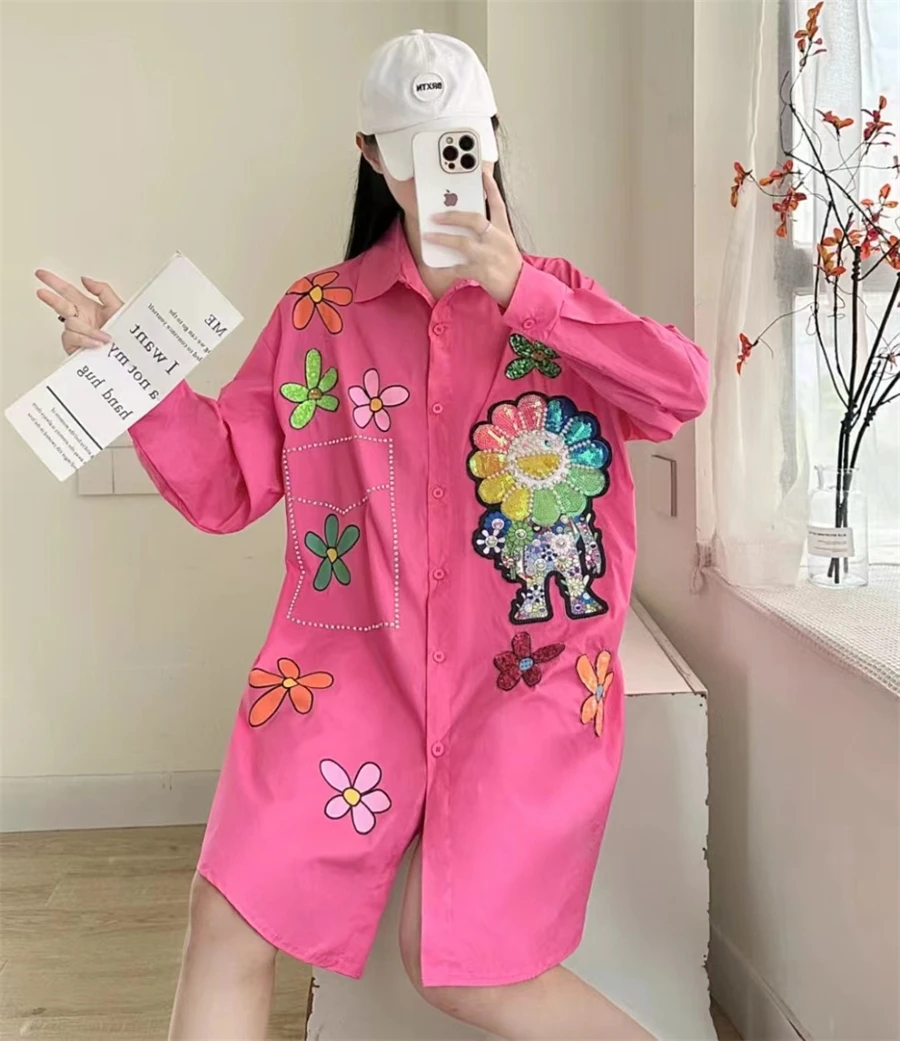New Heavy Industry Sequin Long Sleeved Loose Shirt Printed Mid Length Personalized Trendy Coat Women's Spring And Autumn