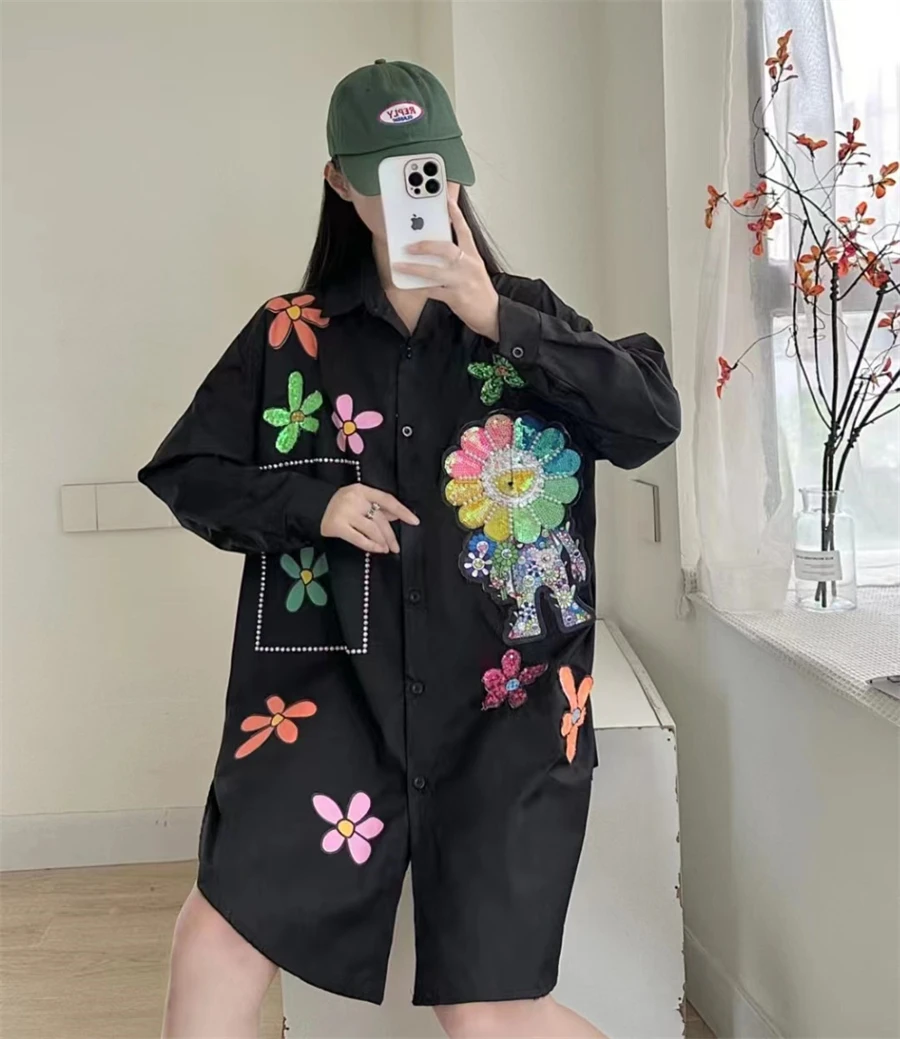 New Heavy Industry Sequin Long Sleeved Loose Shirt Printed Mid Length Personalized Trendy Coat Women's Spring And Autumn