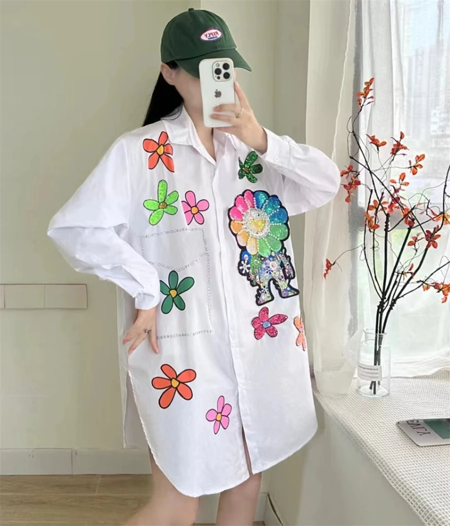 New Heavy Industry Sequin Long Sleeved Loose Shirt Printed Mid Length Personalized Trendy Coat Women's Spring And Autumn