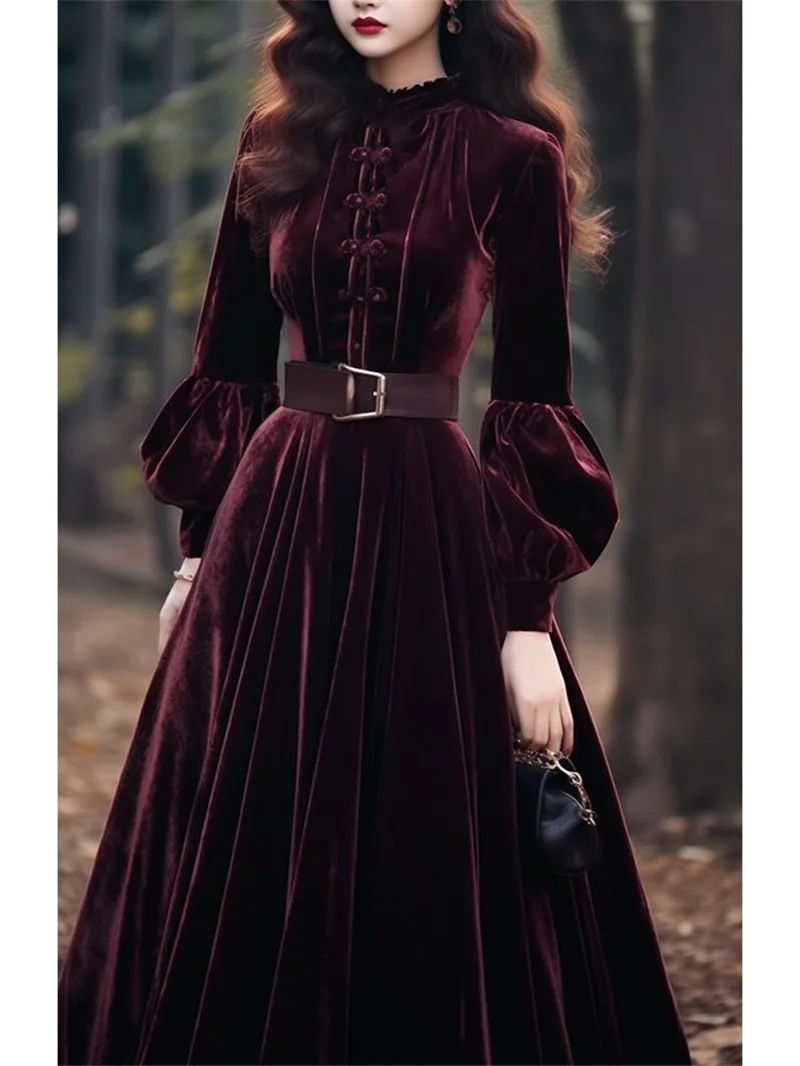 Autumn Winter New Chinese Fashion Chinese Formal Occasion Dress Female Long Dress Style Super Beautiful Purple Red Velvet Dress