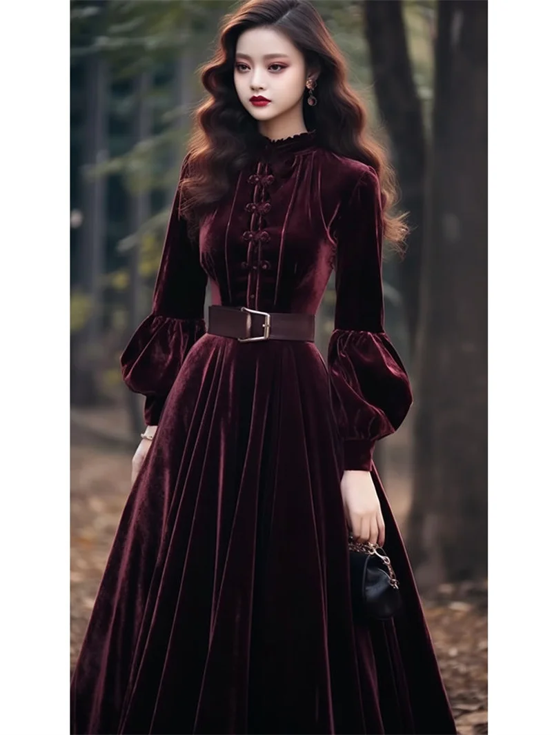 Autumn Winter New Chinese Fashion Chinese Formal Occasion Dress Female Long Dress Style Super Beautiful Purple Red Velvet Dress