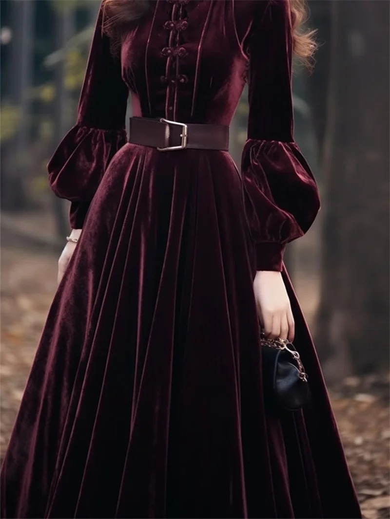 Autumn Winter New Chinese Fashion Chinese Formal Occasion Dress Female Long Dress Style Super Beautiful Purple Red Velvet Dress