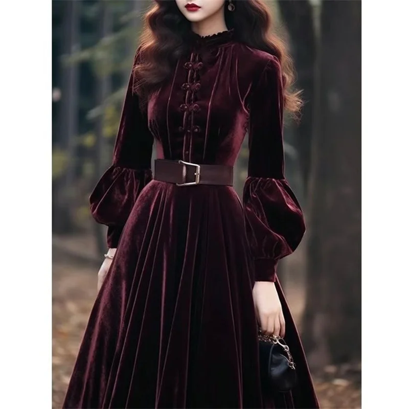 Autumn Winter New Chinese Fashion Chinese Formal Occasion Dress Female Long Dress Style Super Beautiful Purple Red Velvet Dress