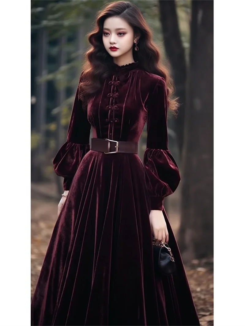 Autumn Winter New Chinese Fashion Chinese Formal Occasion Dress Female Long Dress Style Super Beautiful Purple Red Velvet Dress