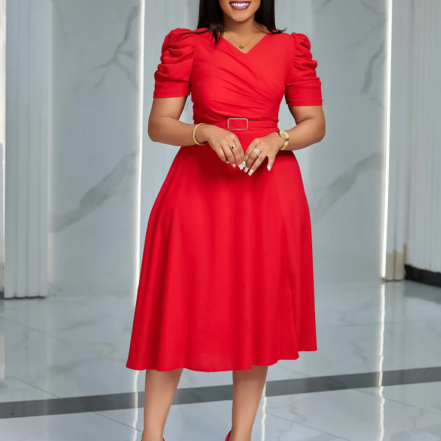 Women Spring Dress Ladies Casual Plus Size Slim Office Dress Retro Elegant V-Neck High Waist Blue Short Sleeve Party Dress