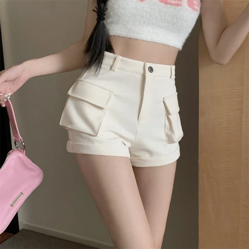 Zoki Korean Casual Cargo Shorts Women Pockets High Waist Streetwear Shorts Summer All Match Lady Simple Solid Slim Cargo Shorts