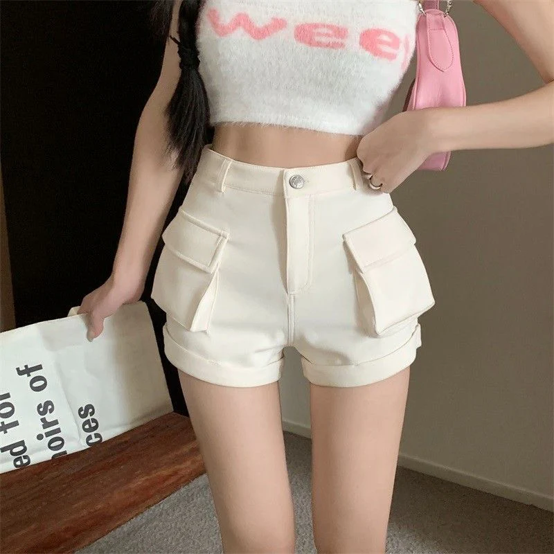 Zoki Korean Casual Cargo Shorts Women Pockets High Waist Streetwear Shorts Summer All Match Lady Simple Solid Slim Cargo Shorts