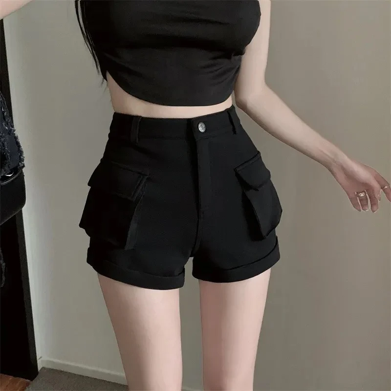 Zoki Korean Casual Cargo Shorts Women Pockets High Waist Streetwear Shorts Summer All Match Lady Simple Solid Slim Cargo Shorts
