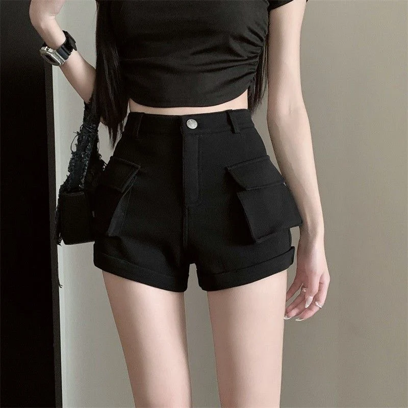 Zoki Korean Casual Cargo Shorts Women Pockets High Waist Streetwear Shorts Summer All Match Lady Simple Solid Slim Cargo Shorts