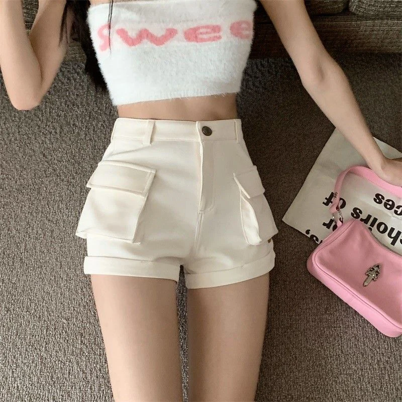 Zoki Korean Casual Cargo Shorts Women Pockets High Waist Streetwear Shorts Summer All Match Lady Simple Solid Slim Cargo Shorts