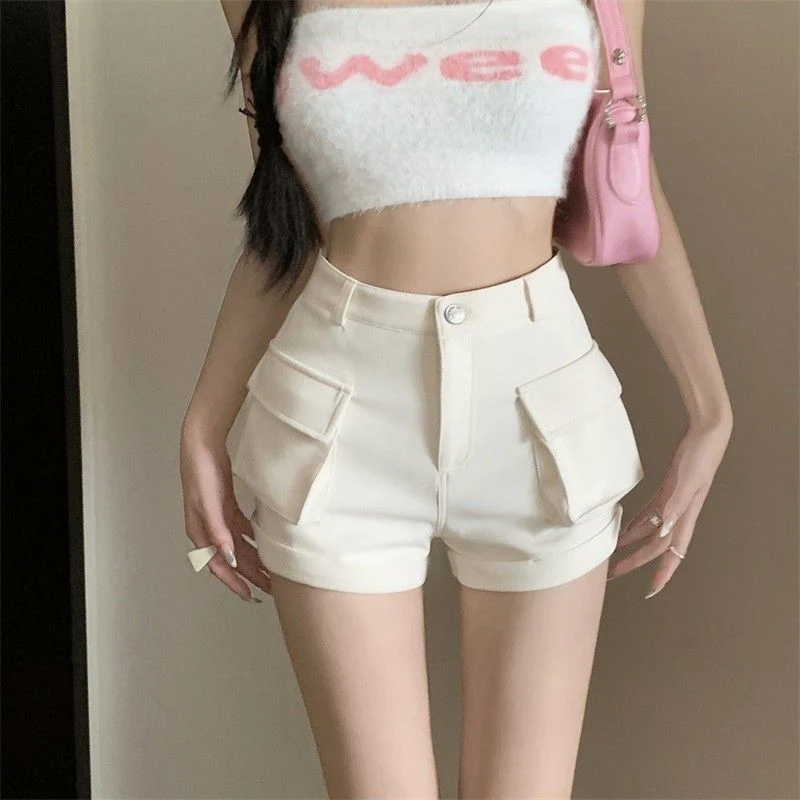 Zoki Korean Casual Cargo Shorts Women Pockets High Waist Streetwear Shorts Summer All Match Lady Simple Solid Slim Cargo Shorts