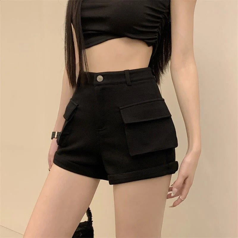 Zoki Korean Casual Cargo Shorts Women Pockets High Waist Streetwear Shorts Summer All Match Lady Simple Solid Slim Cargo Shorts
