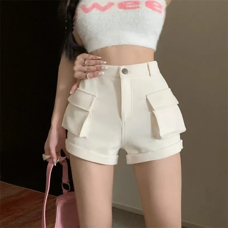 Zoki Korean Casual Cargo Shorts Women Pockets High Waist Streetwear Shorts Summer All Match Lady Simple Solid Slim Cargo Shorts