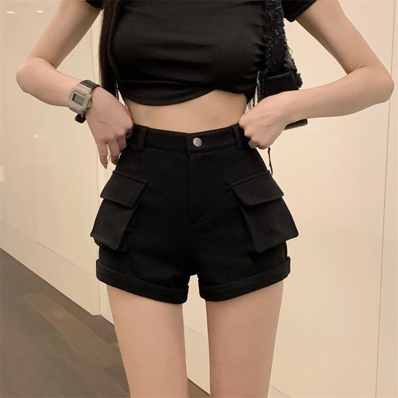 Zoki Korean Casual Cargo Shorts Women Pockets High Waist Streetwear Shorts Summer All Match Lady Simple Solid Slim Cargo Shorts