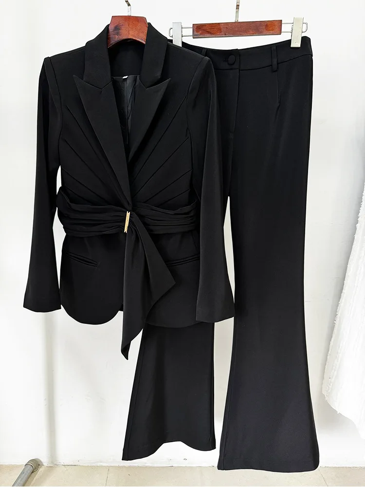 HIGH STREET Newest 2026 Designer Runway Fashion Women's Waistband Slim Fit Blazer Suit Pants Set 2pcs