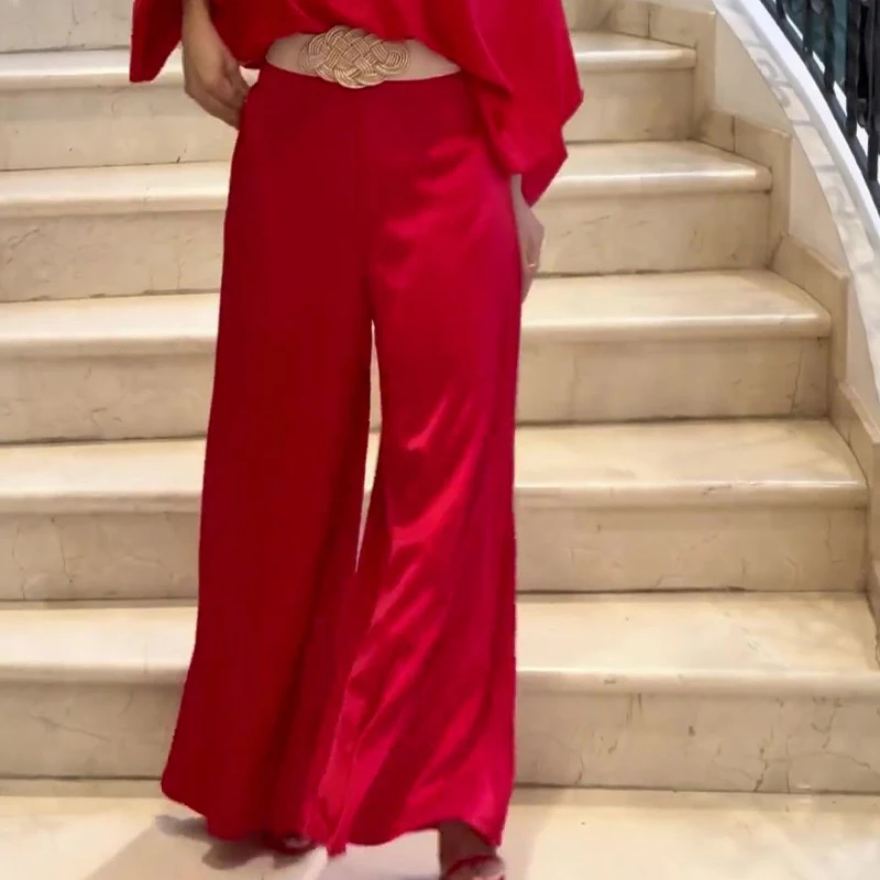 BKLD 2024 Women Commuter Suit Elegant Floral Printing Skew Neck Off-shoulder Tops+High Waist Wide Leg Pants Two-piece Streetwear