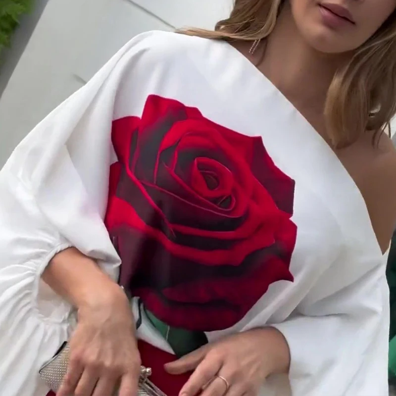 BKLD 2024 Women Commuter Suit Elegant Floral Printing Skew Neck Off-shoulder Tops+High Waist Wide Leg Pants Two-piece Streetwear