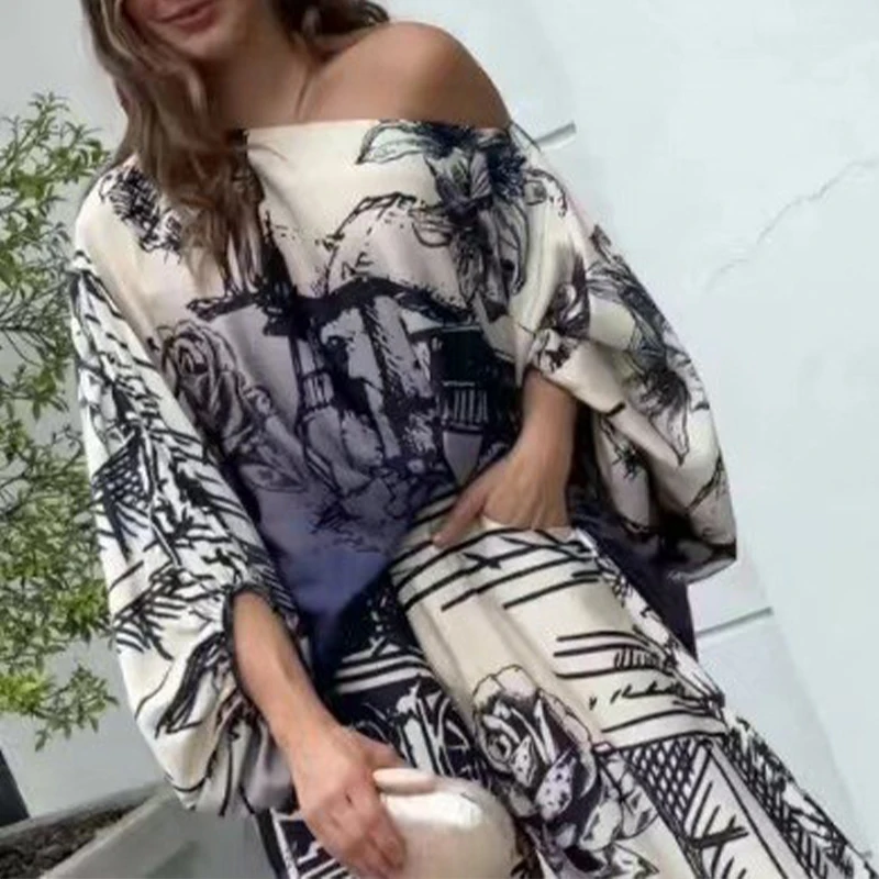 BKLD 2024 Women Commuter Suit Elegant Floral Printing Skew Neck Off-shoulder Tops+High Waist Wide Leg Pants Two-piece Streetwear