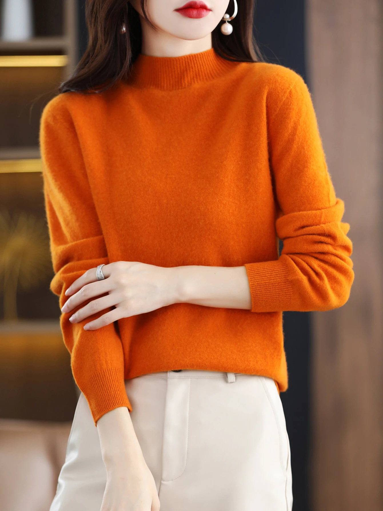 100% Merino Wool Sweater Women Mock Neck Sweater Fall Winter Basic Soft Warm Pullovers Long Sleeve Knit Wool Tops Female Clothes