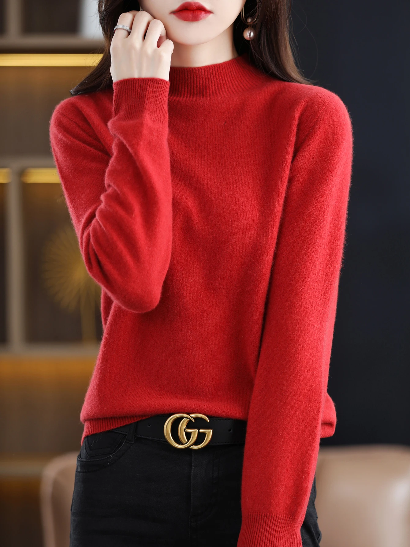 100% Merino Wool Sweater Women Mock Neck Sweater Fall Winter Basic Soft Warm Pullovers Long Sleeve Knit Wool Tops Female Clothes