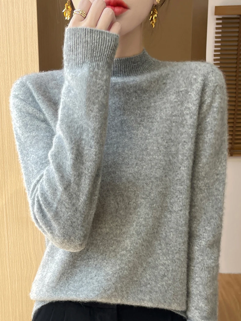 100% Merino Wool Sweater Women Mock Neck Sweater Fall Winter Basic Soft Warm Pullovers Long Sleeve Knit Wool Tops Female Clothes