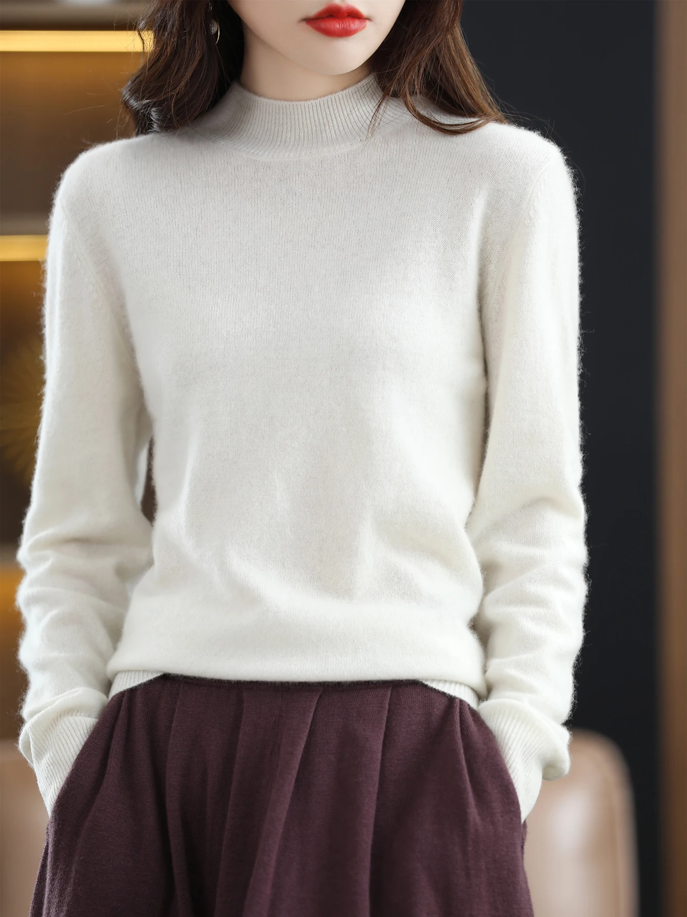 100% Merino Wool Sweater Women Mock Neck Sweater Fall Winter Basic Soft Warm Pullovers Long Sleeve Knit Wool Tops Female Clothes