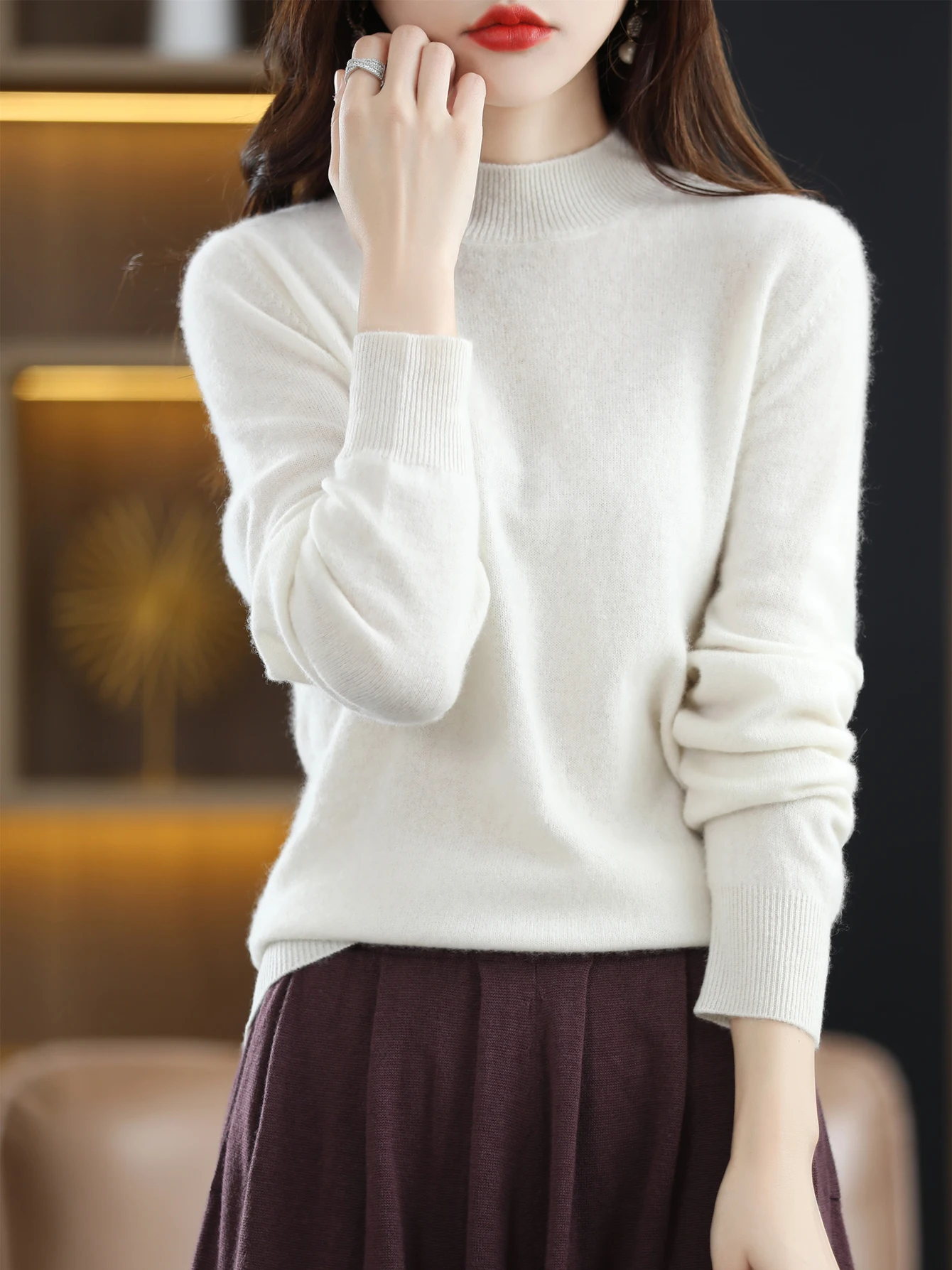 100% Merino Wool Sweater Women Mock Neck Sweater Fall Winter Basic Soft Warm Pullovers Long Sleeve Knit Wool Tops Female Clothes