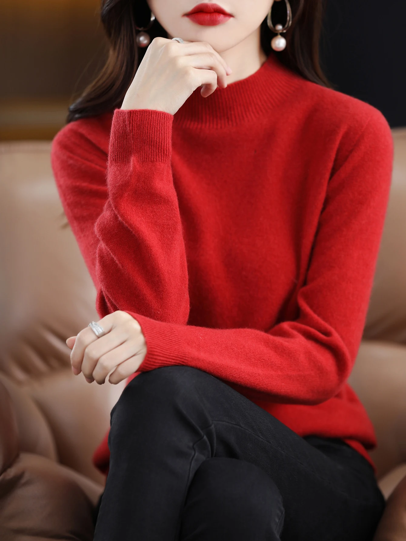 100% Merino Wool Sweater Women Mock Neck Sweater Fall Winter Basic Soft Warm Pullovers Long Sleeve Knit Wool Tops Female Clothes