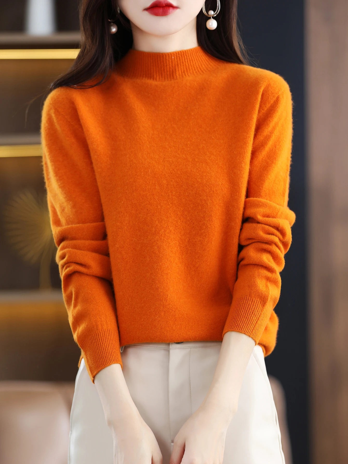 100% Merino Wool Sweater Women Mock Neck Sweater Fall Winter Basic Soft Warm Pullovers Long Sleeve Knit Wool Tops Female Clothes