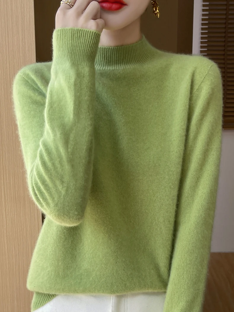 100% Merino Wool Sweater Women Mock Neck Sweater Fall Winter Basic Soft Warm Pullovers Long Sleeve Knit Wool Tops Female Clothes