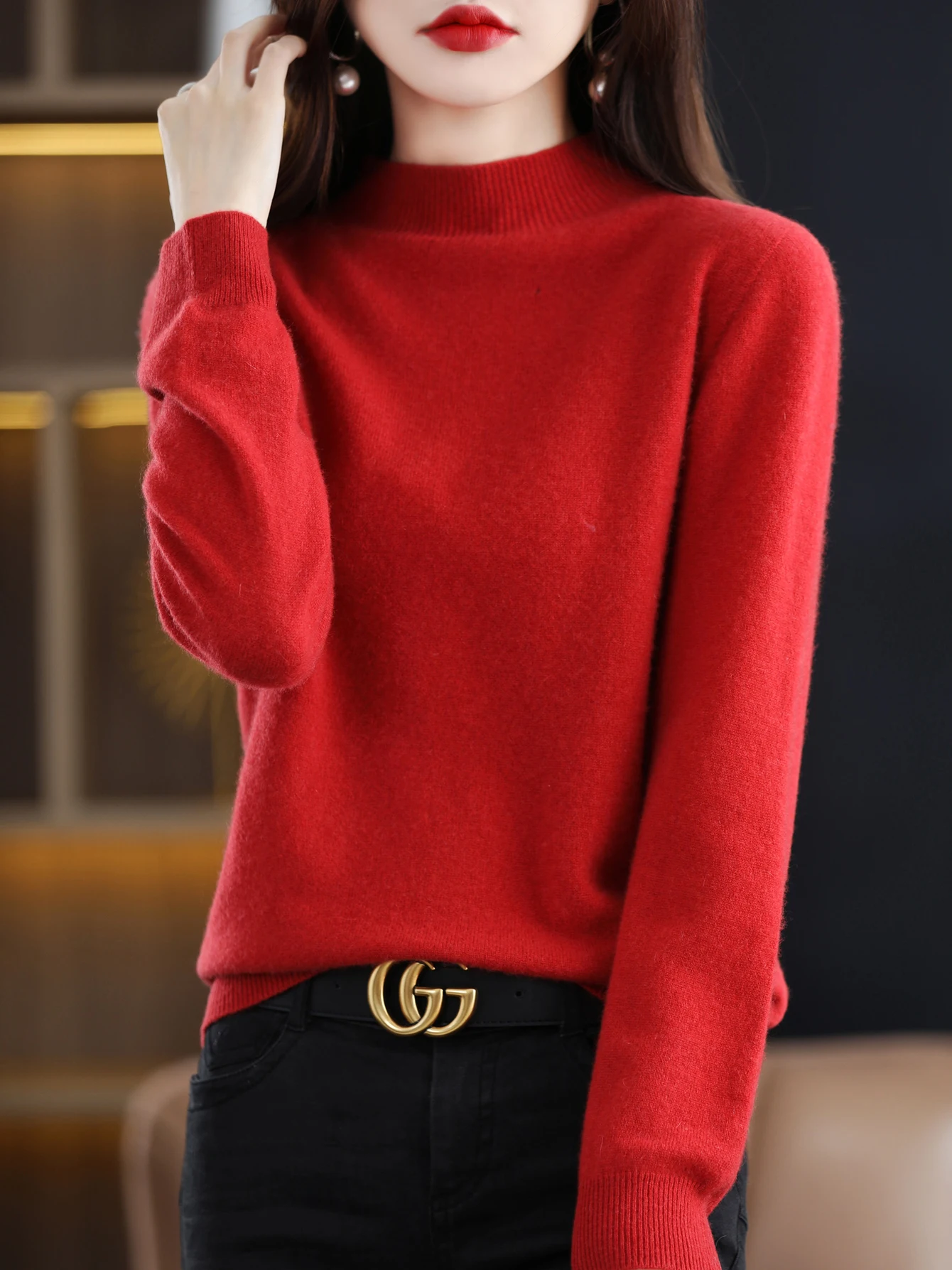100% Merino Wool Sweater Women Mock Neck Sweater Fall Winter Basic Soft Warm Pullovers Long Sleeve Knit Wool Tops Female Clothes