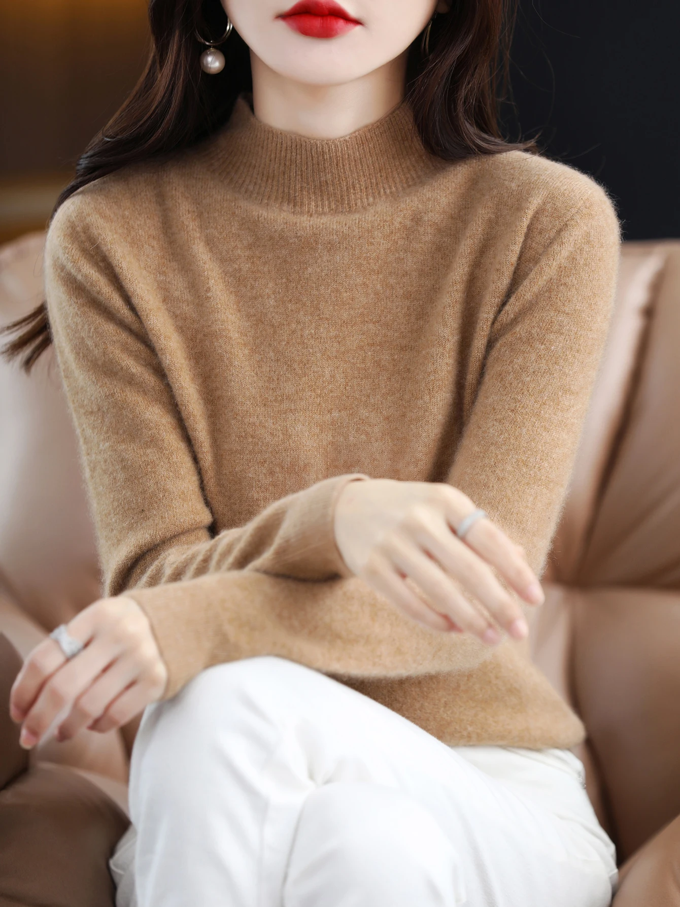 100% Merino Wool Sweater Women Mock Neck Sweater Fall Winter Basic Soft Warm Pullovers Long Sleeve Knit Wool Tops Female Clothes
