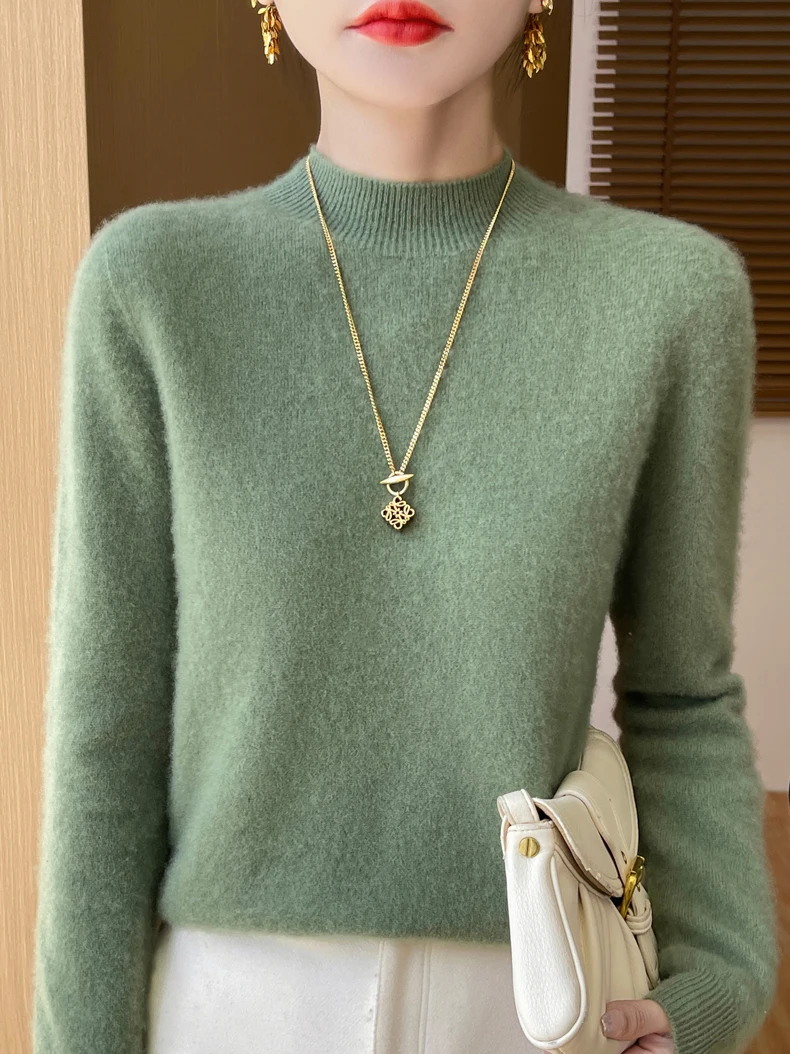 100% Merino Wool Sweater Women Mock Neck Sweater Fall Winter Basic Soft Warm Pullovers Long Sleeve Knit Wool Tops Female Clothes