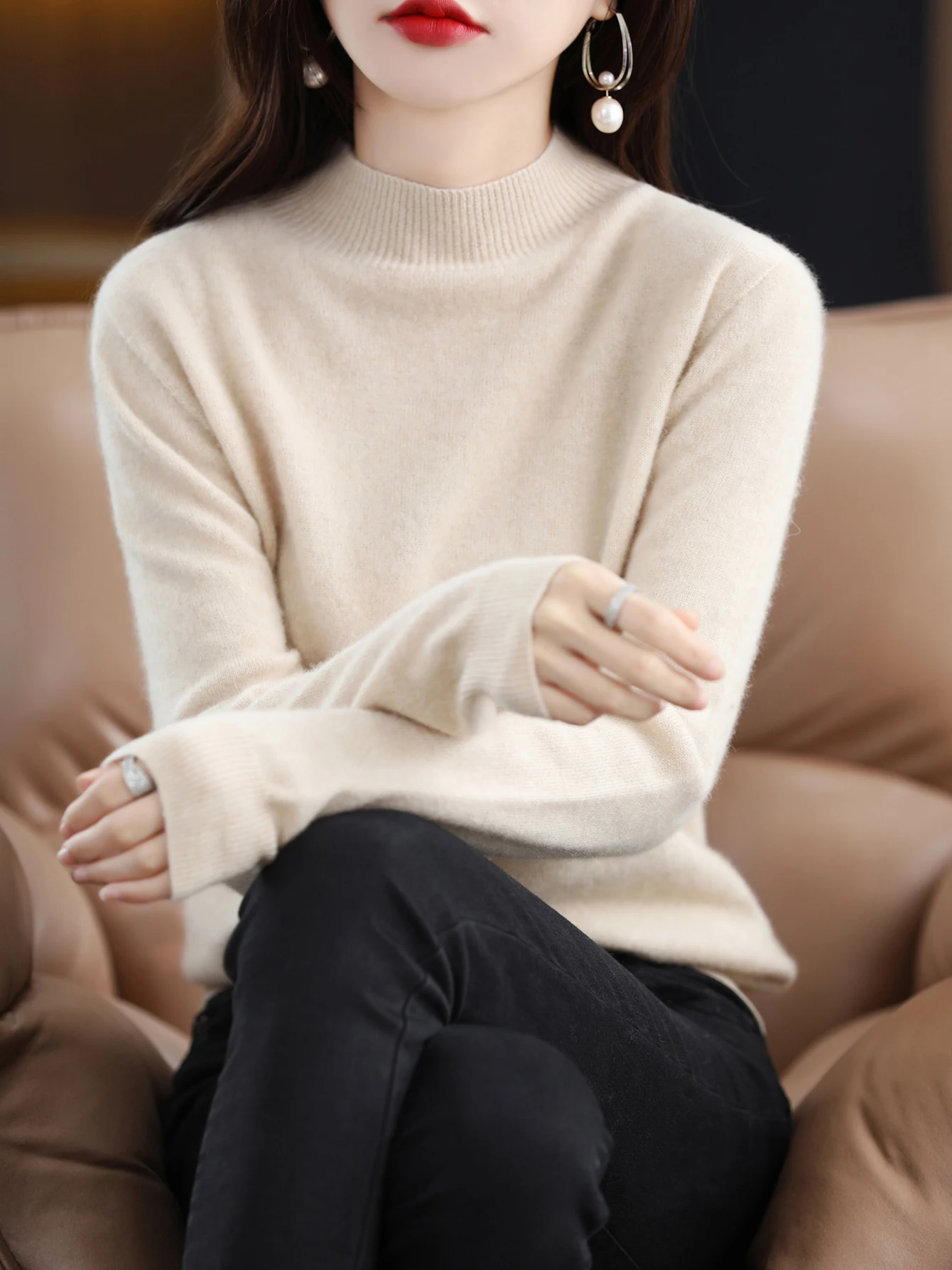 100% Merino Wool Sweater Women Mock Neck Sweater Fall Winter Basic Soft Warm Pullovers Long Sleeve Knit Wool Tops Female Clothes