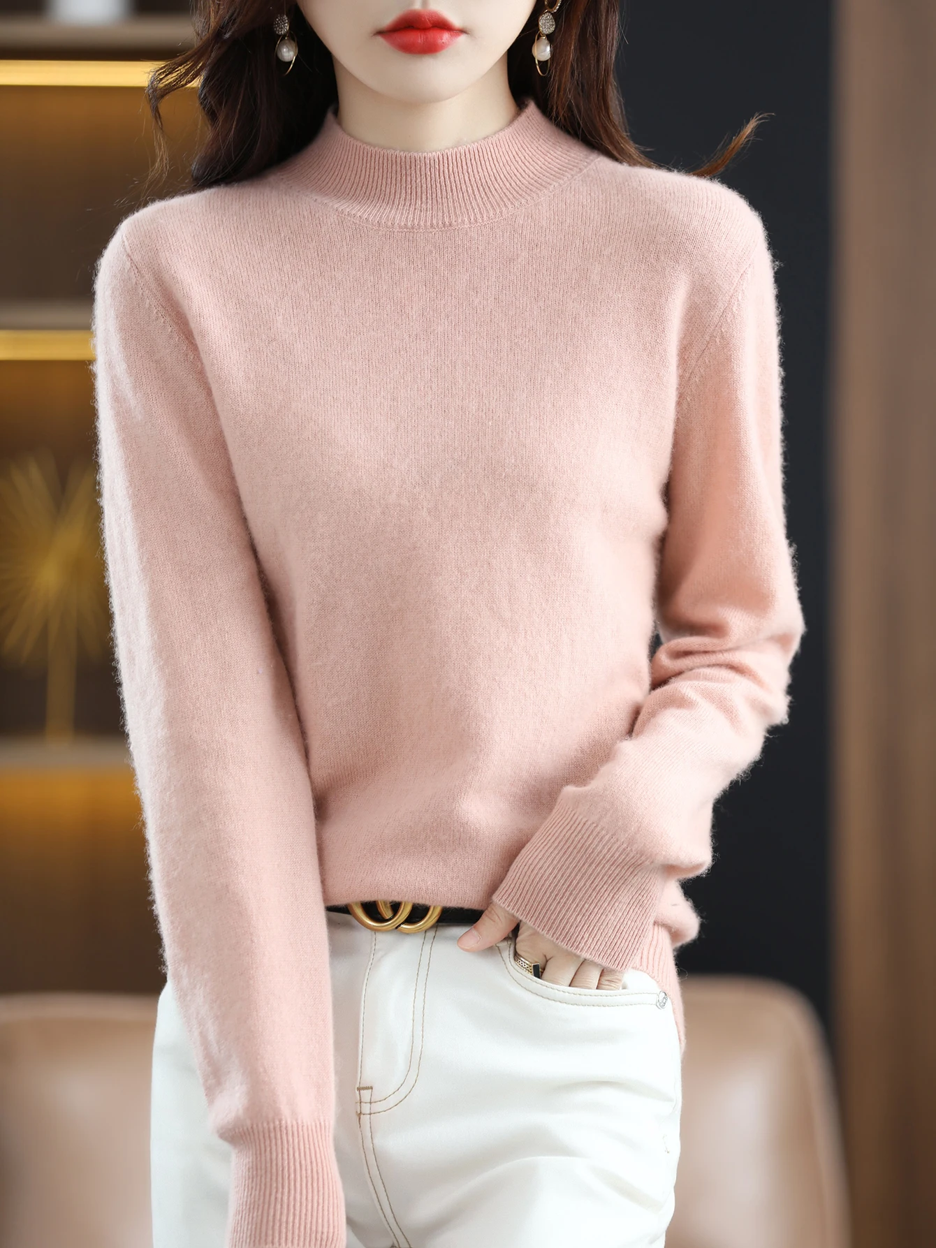 100% Merino Wool Sweater Women Mock Neck Sweater Fall Winter Basic Soft Warm Pullovers Long Sleeve Knit Wool Tops Female Clothes