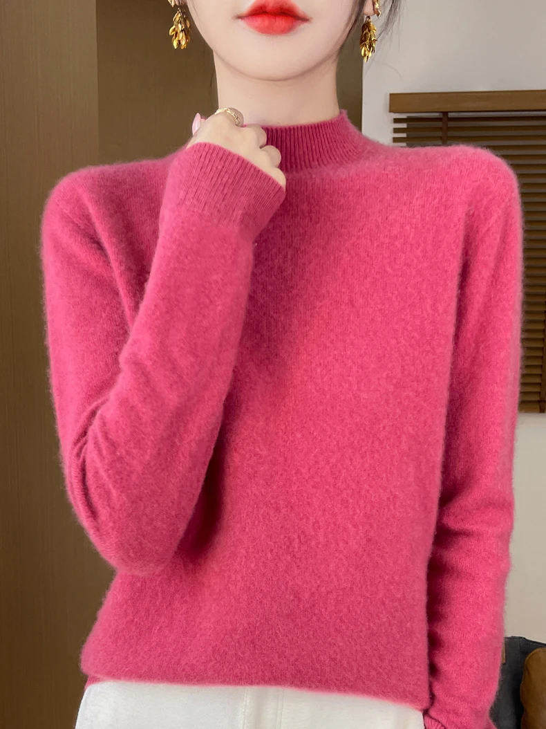 100% Merino Wool Sweater Women Mock Neck Sweater Fall Winter Basic Soft Warm Pullovers Long Sleeve Knit Wool Tops Female Clothes
