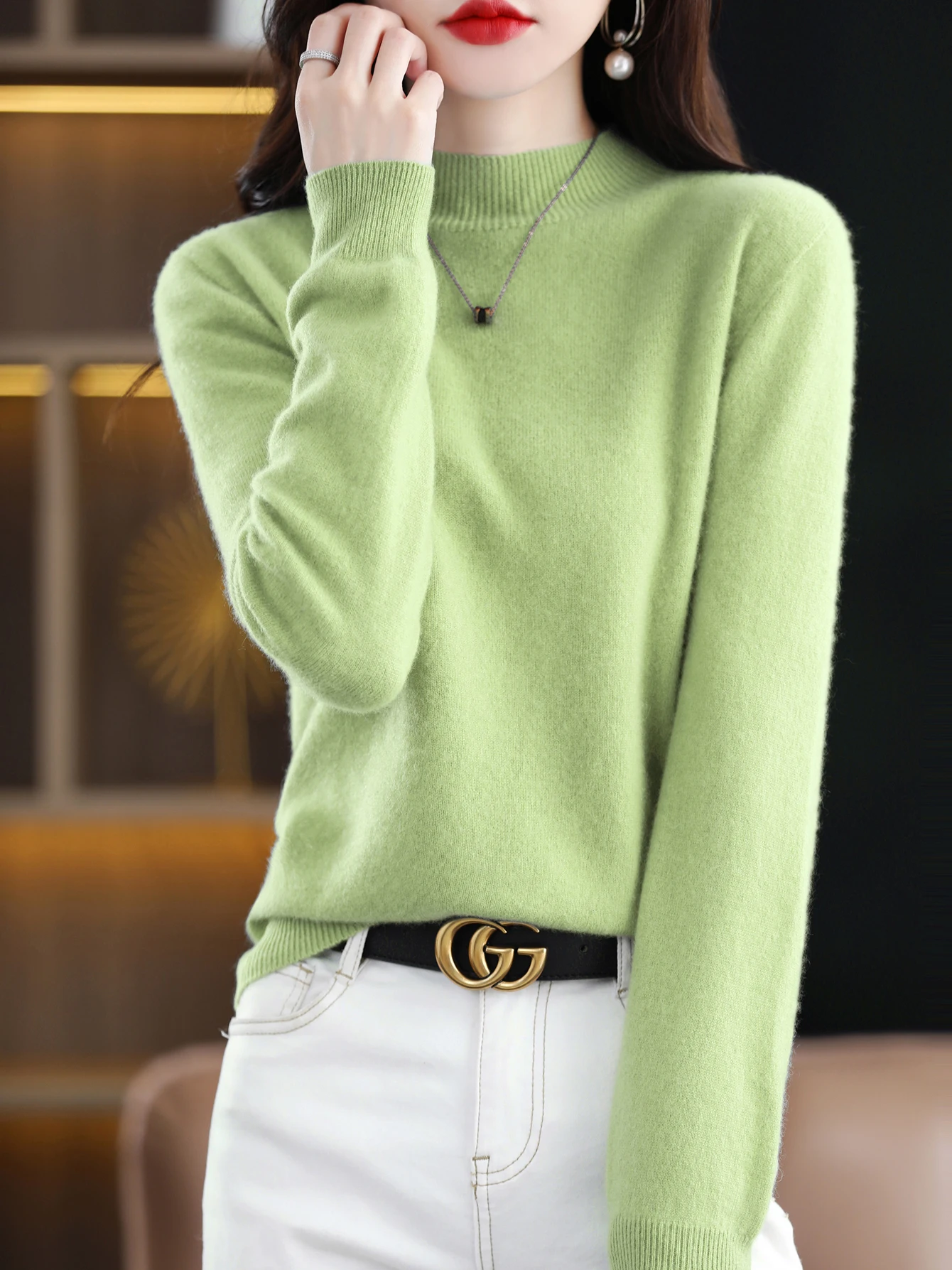 100% Merino Wool Sweater Women Mock Neck Sweater Fall Winter Basic Soft Warm Pullovers Long Sleeve Knit Wool Tops Female Clothes