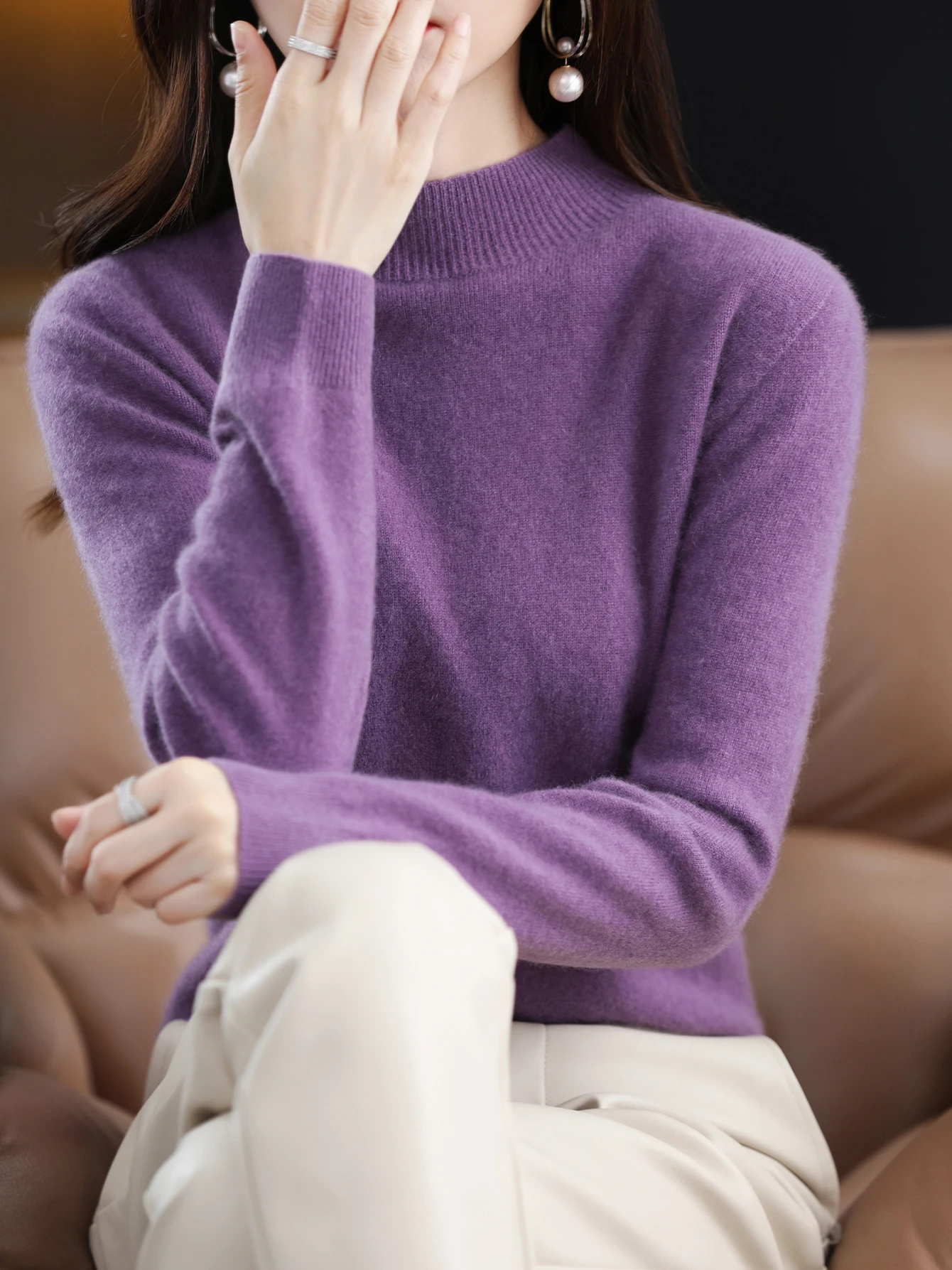 100% Merino Wool Sweater Women Mock Neck Sweater Fall Winter Basic Soft Warm Pullovers Long Sleeve Knit Wool Tops Female Clothes